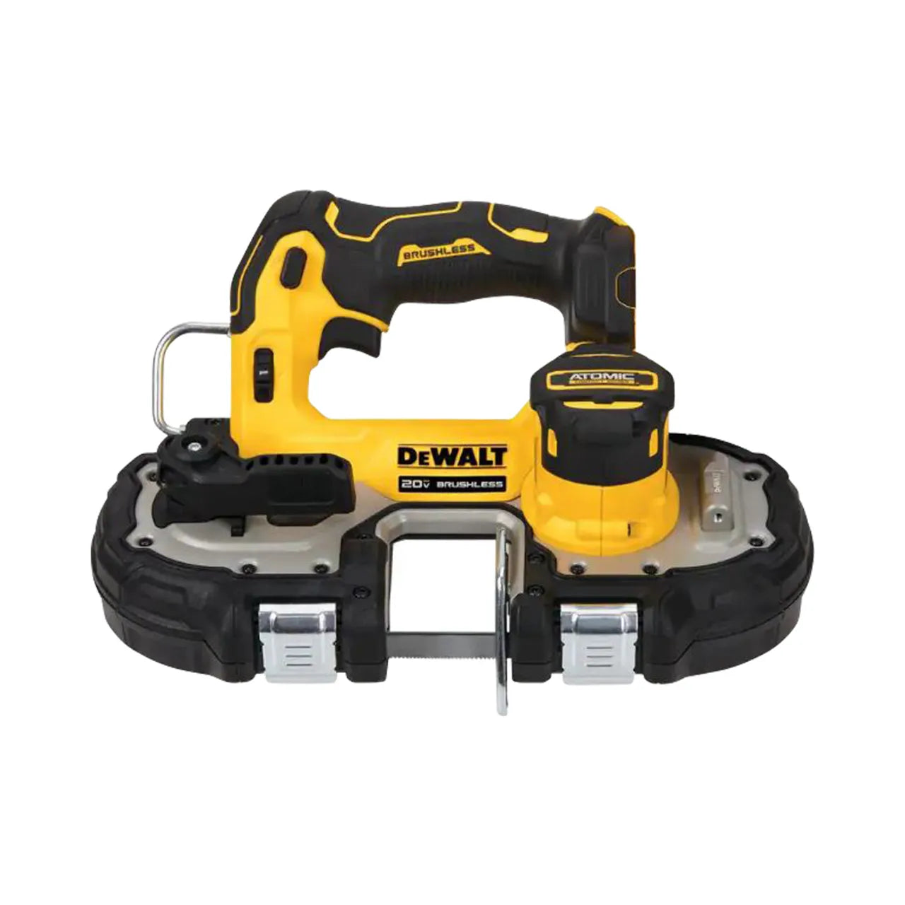 The Go Build ATOMIC 20V MAX Cordless Brushless Compact 1-3/4 in. Bandsaw (Tool-Only) is shown. This compact, portable bandsaw offers cordless power with ATOMIC branding for efficient cutting on the go.